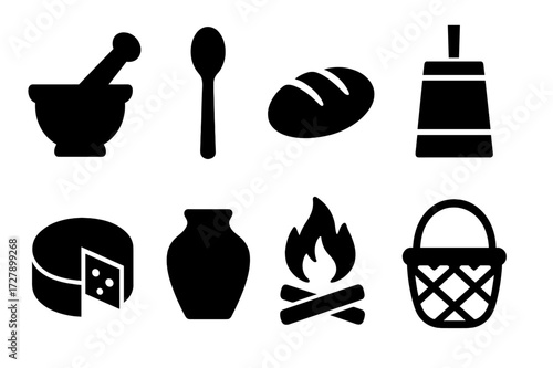Peasant Tool Icons. Solid, filled icon set of peasant tools for food preparation: mortar and pestle, wooden spoon, bread loaf, butter churn, cheese wheel, clay