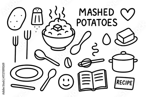 Mashed Potato Doodle. Hand-drawn doodle illustration Mashed potatoes [potato, bowl, spoon, fork, plate, steam lines, butter slab, salt shaker, whisk, pan, pot,