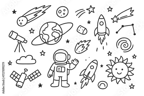 Space Exploration Doodles. Hand-drawn doodle illustration Comet passing Earth comet, Earth, moon, rocket, telescope, orbit line, shooting star, satellite,