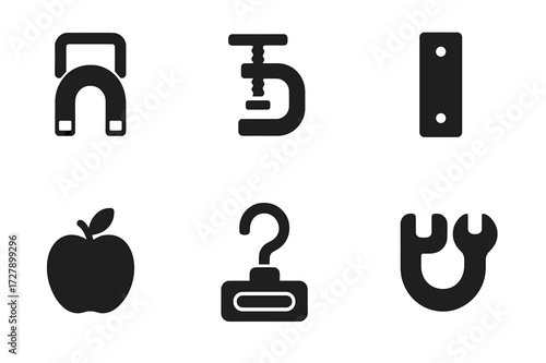Magnet Accessories Icons. Solid, filled icon set of magnet accessories: magnet holder, magnetic clamp, magnetic base, magnetic strip, fridge magnet, magnetic