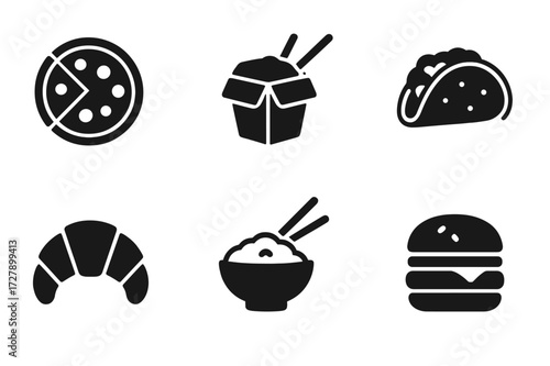 Cuisine Icon Grid. Solid, filled icon set of menu cuisine types: Italian, Chinese, Mexican, French, Japanese, Indian, Mediterranean, American. Solid, filled