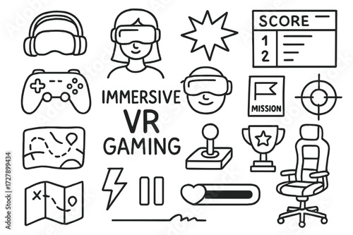 VR Gaming Icons. Hand-drawn doodle illustration [Immersive VR gaming] [gaming headset, avatar, controller, gamepad, explosion icon, joystick, leaderboard,