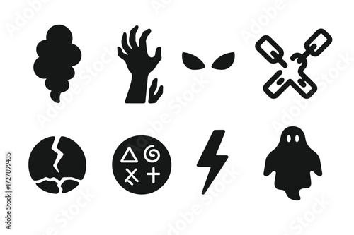 Curse Icon Set. Solid, filled icon set of curse manifestations: dark smoke, shadow hands, glowing red eyes, chains, cracked earth, cursed symbols, lightning