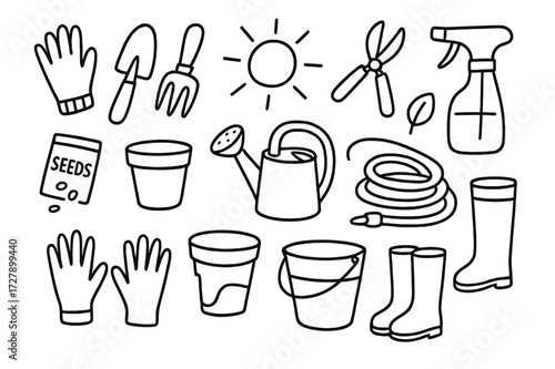 Gardening Tools Doodle. Hand-drawn doodle illustration Gardening tools with gloves gloves, spade, fork, rake, watering can, pruning shears, spray bottle,