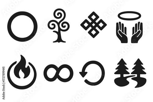 Sacred Continuity Icons. Solid, filled icon set of sacred continuity: ring of life, spiraling tree, eternal knot, halo, mirrored hands, flame circle, closed