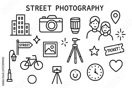 Street Photography Doodles. Hand-drawn doodle illustration Street photography showcase camera, lens, tripod, city building, street sign, bicycle, people icons,
