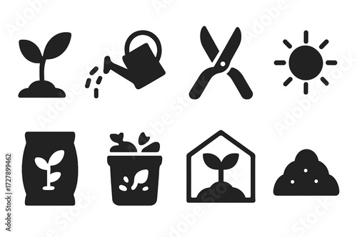 Herbal Cultivation Icons. Solid, filled icon set of herbal cultivation: seedling, watering, pruning shears, sun, fertilizer, compost, greenhouse, soil. Solid,