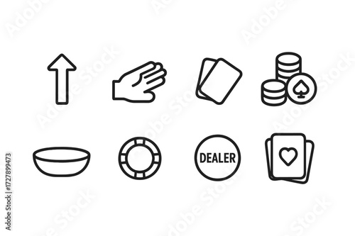 Poker Icon Set. Outline icon set of no limit game moves: raise, call, fold, all-in chips, pot, betting chips, dealer button, player cards. Line icons in only