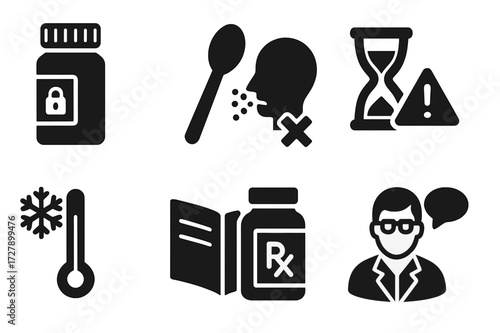 Ointment Safety Icons. Solid, filled icon set of ointment safety: childproof cap, dosage spoon, allergy warning, expiry alert, storage temperature, usage