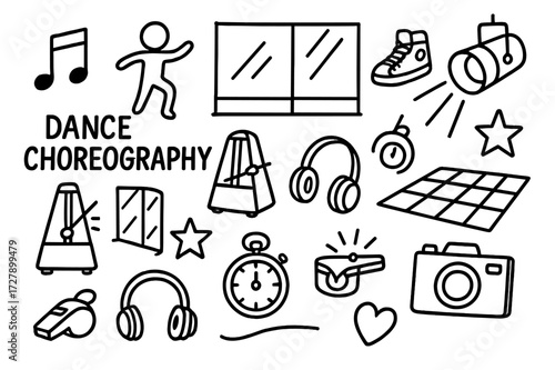 Dance Rehearsal Doodle. Hand-drawn doodle illustration dance choreography rehearsal music note, dancer figure, stage outline, sneakers, spotlight, mirrored