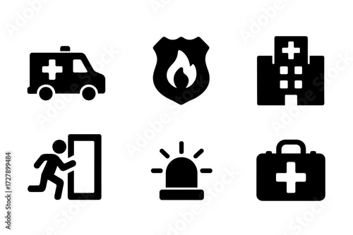 Emergency Icons Set. Solid, filled icon set of emergency location symbols: ambulance, police badge, fire station, hospital, emergency exit, siren, warning