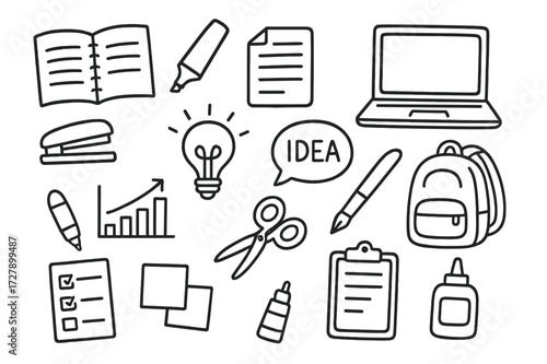 School Project Essentials. Hand-drawn doodle illustration School project preparation [notebook, highlighter, paper sheet, laptop, stapler, chart, lightbulb,