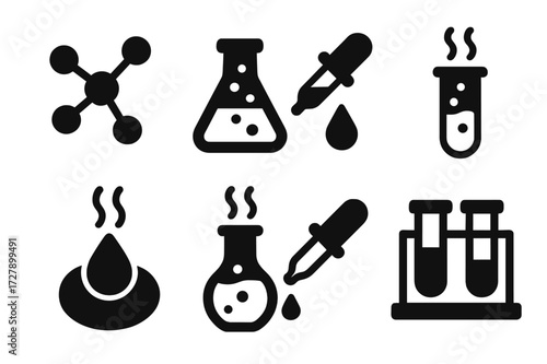 Aroma Chemistry Icons. Solid, filled icon set of aroma chemistry: molecule structure, chemical flask, pipette, dropper, test tube, aroma compound, reaction,