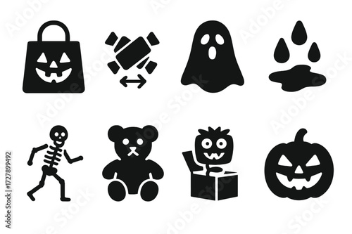 Halloween Trick Icons. Solid, filled icon set of Halloween tricks: trick-or-treat bag, candy switch, ghost sheet prank, fake blood, moving skeleton, creepy