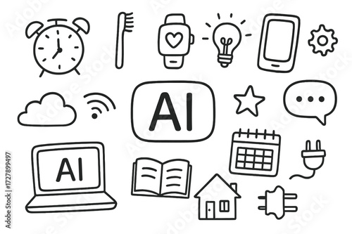 Daily Routine Doodles. Hand-drawn doodle illustration AI in daily routines alarm clock, toothbrush, smartwatch, smartphone, gear, light bulb, chat bubble,