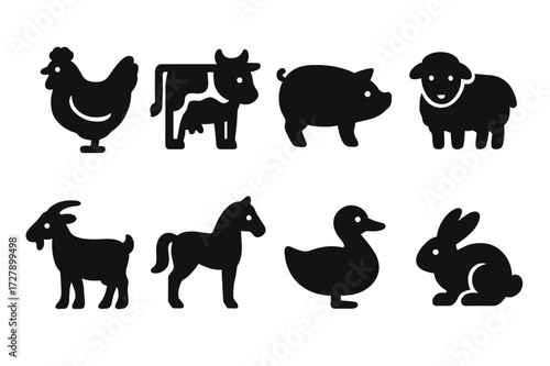 Farm Animal Icons. Solid, filled icon set of hand-picked farm animals: chicken, cow, pig, sheep, goat, horse, duck, rabbit. [Line icons in only black color.
