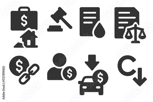Financial Loss Icons. Solid, filled icon set of loss consequences: bankruptcy, penalty, write-off, lawsuit, debt, reduced income, insurance claim, credit drop.