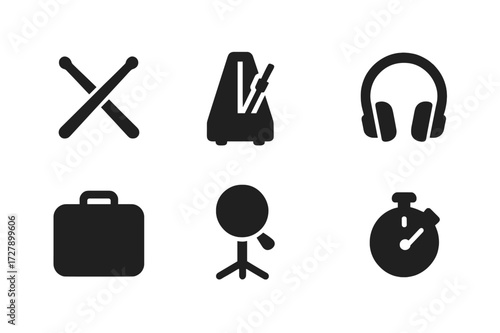 Drum Practice Icon Set. Solid, filled icon set of practice pad accessories: drumsticks, metronome, drum key, headphones, carrying case, stand, muffler, timer.
