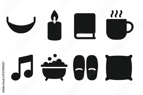 Relaxation Icon Set. Solid, filled icon set of relaxation: hammock, candle, book, cup of tea, music note, bubble bath, slippers, soft pillow. Solid, filled