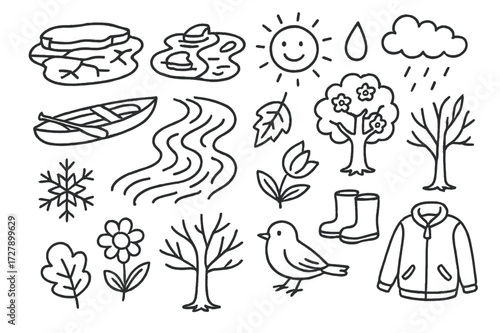 Seasonal River Doodle. Hand-drawn doodle illustration [river during the seasons] [frozen river, melting ice, blooming tree, sun, raindrop, autumn leaf,