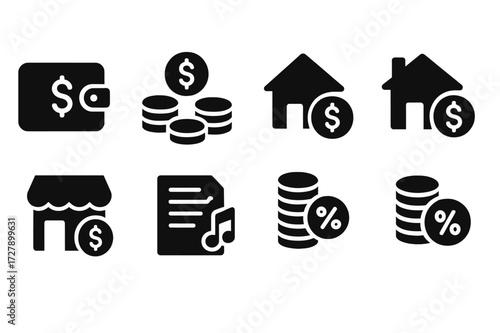 Income Icon Set. Solid, filled icon set of income sources: salary, dividends, rental income, business profit, royalties, interest earnings, freelance, lottery