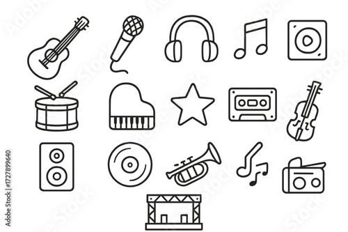 Music Icons Doodle. Hand-drawn doodle illustration music genres guitar, microphone, headphones, music note, drum, piano, vinyl record, trumpet, star, cassette