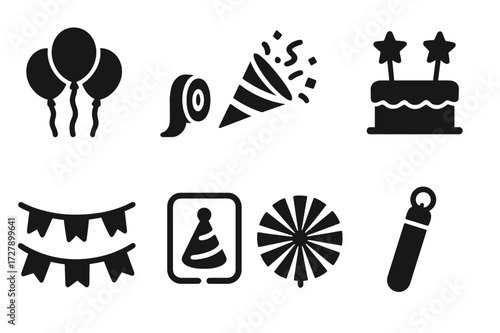 Party Icon Set. Solid, filled icon set of party decor: balloon bunch, streamer roll, confetti popper, cake topper, party banner, neon sign, paper fan, glow