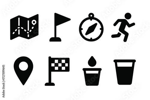 Race Route Icons. Solid, filled icon set of race route: map, route line, checkpoint flag, compass, runner icon, distance marker, finish flag, water station.