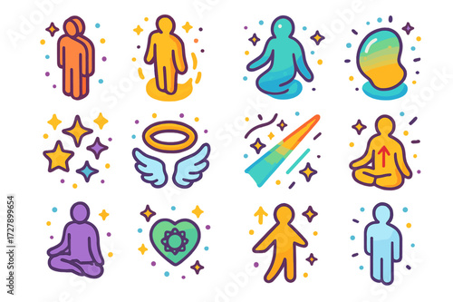 Transcendence Icon Set. Transcendence. Colorful isometric vector icons set of Transcendence: human figure, glowing spirit, ethereal outline, floating aura,