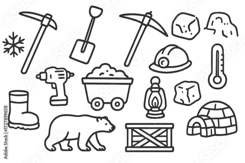 Arctic Mining Icons. Hand-drawn doodle illustration Mining in the Arctic and extreme cold environments, ice pick, snow shovel, pickaxe, hard hat, lantern,