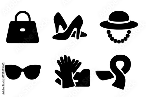 Lady Accessories Icons Set. Solid, filled icon set of lady accessories: handbag, high heels, pearl necklace, sun hat, sunglasses, gloves, clutch, scarf. Solid,