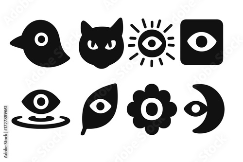 Nature Glance Icons. Solid, filled icon set of glance in nature: bird?s glance, animal stare, sun glare, shadow glance, water reflection, leaf peek, flower