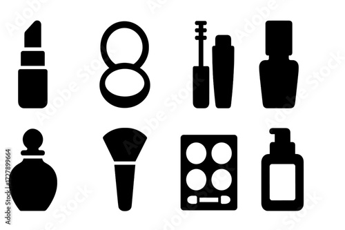 Beauty Products Icons. Solid, filled icon set of beauty products: lipstick, compact powder, mascara, nail polish, perfume bottle, makeup brush, eyeshadow