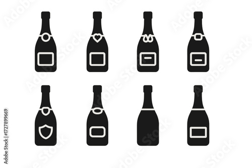 Champagne Bottle Icons. Solid, filled icon set of champagne bottle types: brut, rose, extra dry, demi-sec, vintage, non-vintage, blanc de blancs, blanc de