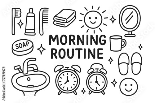 Morning Routine Doodles. Hand-drawn doodle illustration Morning Routine [toothbrush, toothpaste, comb, soap, towel, mirror, clock, sink, faucet, cup, slippers,