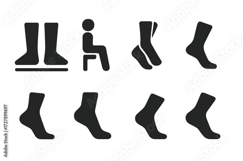 Foot Position Icons. Solid, filled icon set of feet positions: standing, sitting, crossed legs, toes pointed, heels raised, foot flexed, heel down, foot