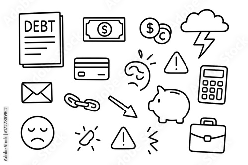 Financial Chaos Doodles. Hand-drawn doodle illustration Debt overload paper stack, dollar bill, coins, credit card, wallet, piggy bank, calculator, sigh face,
