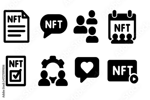 NFT Community Icons. Solid, filled icon set of NFT community: forum, chat bubble, group, event, live stream, voting ballot, collaboration, social media. Line