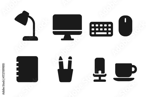 Desk Accessories Icons. Solid, filled icon set of desk accessories: lamp, monitor, keyboard, mouse, notebook, pen holder, phone stand, coffee cup. [Solid,
