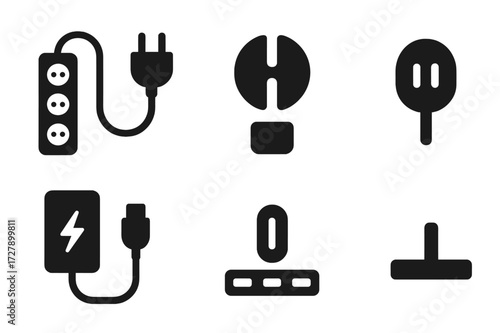 Plug Accessories Icons. Solid, filled icon set of plug accessories: extension cord, plug adapter, cable organizer, plug cover, power bank, USB hub, cable clip,
