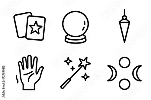 Fortune Telling Icons. Outline icon set of fortune telling: tarot cards, crystal ball, palmistry hand, pendulum, candle, magic wand, star, moon phases. Line