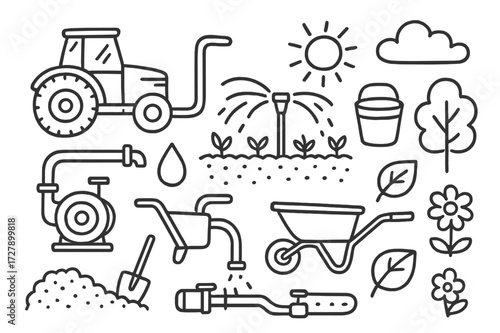 Field Irrigation Doodle. Hand-drawn doodle illustration Large-scale field irrigation [tractor, water pipe, sprinkler, crops, water droplet, bucket, soil,