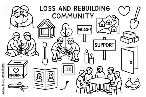 Community Rebuilding Icons. Hand-drawn doodle illustration [Loss and rebuilding community] [people hugging, planting tree, house frame, heart icon, shovel,