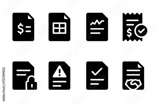 Financial Documents Icons. Solid, filled icon set of creditor documentation: loan contract, invoice, statement, payment receipt, credit report, notice,