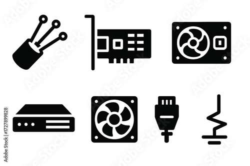 Network Components Icons. Solid, filled icon set of network infrastructure components: fiber optic cable, network card, patch panel, power supply, rack mount,