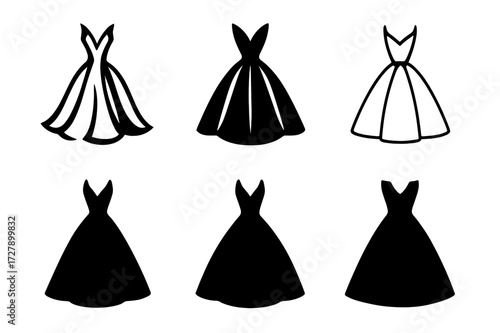 Stylish Dress Logos. Bold, statement pieces in clothing. Set Logo of bold, statement pieces in clothing: Dramatic dress icon. harmonious logo variations of the