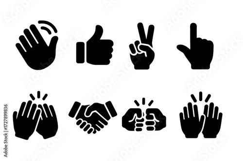 Gesture Icon Set. Solid, filled icon set of accent gestures: hand wave, thumbs up, peace sign, pointing finger, applause, handshake, fist bump, high five.