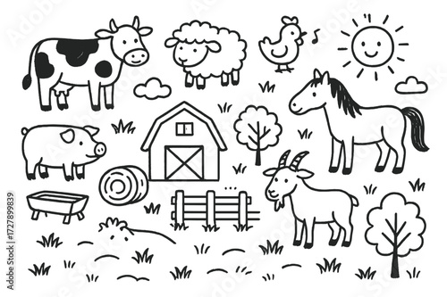 Farm Animal Doodles. Hand-drawn doodle illustration farm animals in fields cow, sheep, pig, chicken, horse, goat, barn, fence, hay bale, trough, bird, tree,