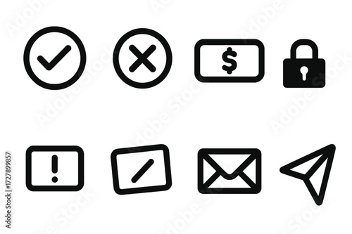 Stamp Icon Set. Solid, filled icon set of stamp purposes: approved, rejected, paid, confidential, urgent, draft, received, sent. [Line icons in only black