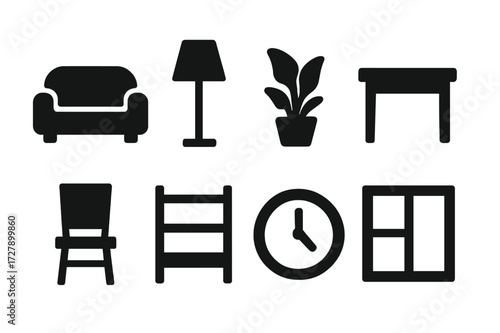 Home Essentials Icons. Solid, filled icon set of home: sofa, lamp, houseplant, table, chair, bookshelf, clock, window. Solid, filled icons in only black color.